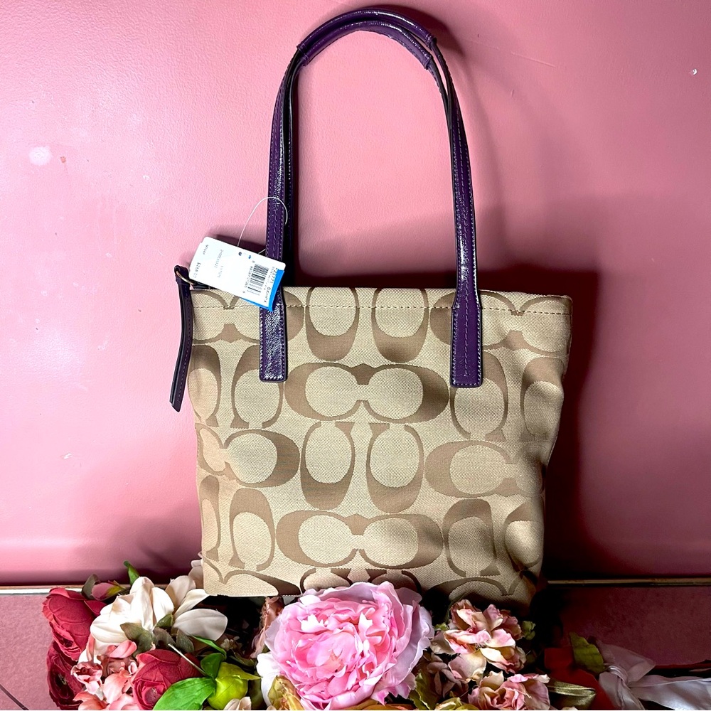 Coach Signature Tan and Purple Tote Bag - Picture 3 of 9